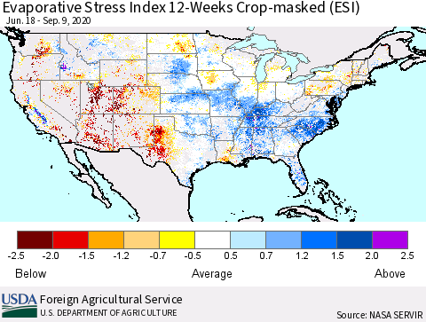United States Evaporative Stress Index (ESI), 12-Weeks over Croplands Thematic Map For 9/7/2020 - 9/13/2020