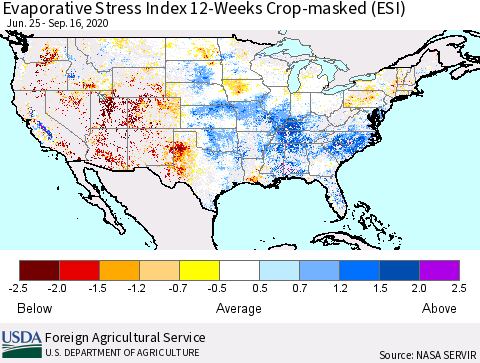 United States Evaporative Stress Index 12-Weeks Crop-masked (ESI) Thematic Map For 9/14/2020 - 9/20/2020
