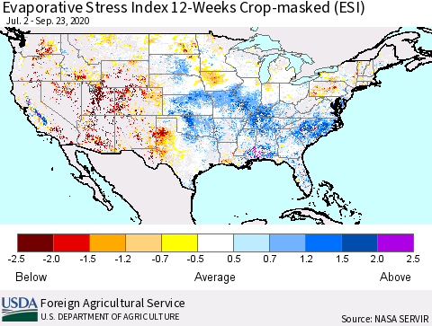 United States Evaporative Stress Index (ESI), 12-Weeks over Croplands Thematic Map For 9/21/2020 - 9/27/2020