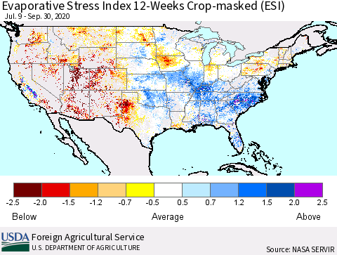 United States Evaporative Stress Index (ESI), 12-Weeks over Croplands Thematic Map For 9/28/2020 - 10/4/2020