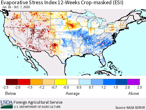 United States Evaporative Stress Index (ESI), 12-Weeks over Croplands Thematic Map For 10/5/2020 - 10/11/2020