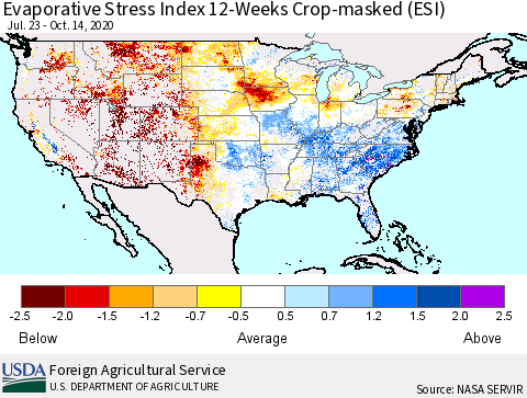 United States Evaporative Stress Index 12-Weeks Crop-masked (ESI) Thematic Map For 10/12/2020 - 10/18/2020