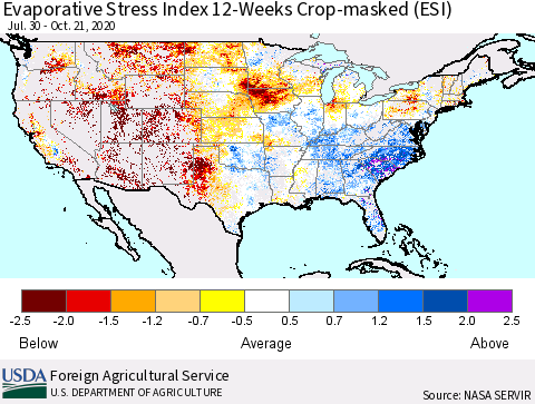 United States Evaporative Stress Index (ESI), 12-Weeks over Croplands Thematic Map For 10/19/2020 - 10/25/2020