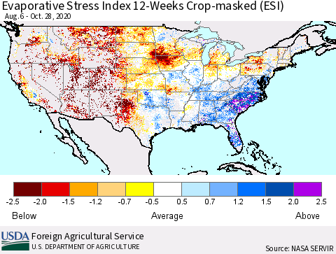United States Evaporative Stress Index (ESI), 12-Weeks over Croplands Thematic Map For 10/26/2020 - 11/1/2020