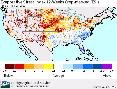 United States Evaporative Stress Index (ESI), 12-Weeks over Croplands Thematic Map For 11/23/2020 - 11/29/2020