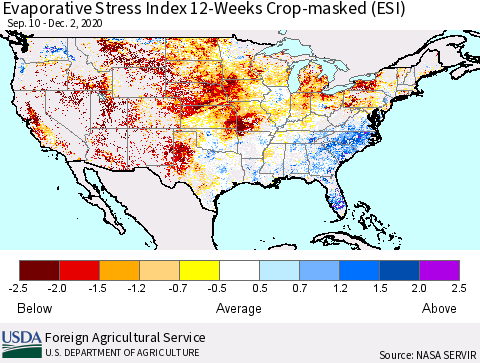 United States Evaporative Stress Index 12-Weeks Crop-masked (ESI) Thematic Map For 11/30/2020 - 12/6/2020