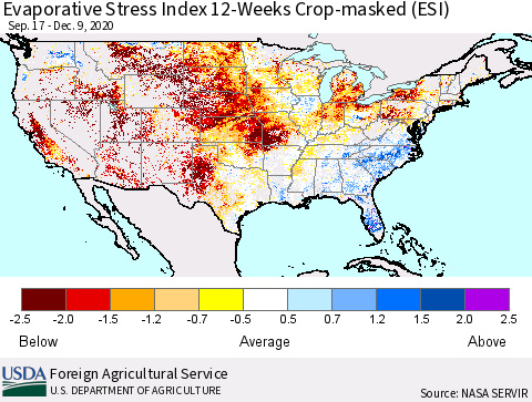 United States Evaporative Stress Index (ESI), 12-Weeks over Croplands Thematic Map For 12/7/2020 - 12/13/2020