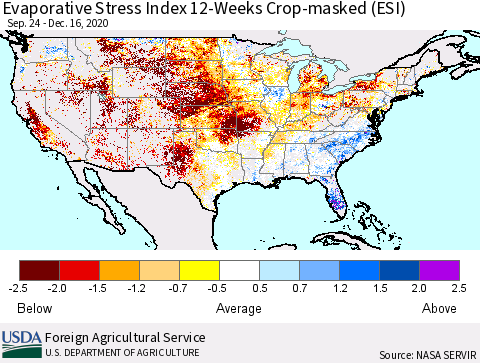United States Evaporative Stress Index (ESI), 12-Weeks over Croplands Thematic Map For 12/14/2020 - 12/20/2020