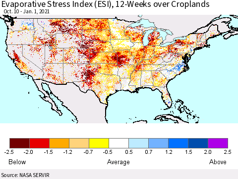 United States Evaporative Stress Index (ESI), 12-Weeks over Croplands Thematic Map For 12/28/2020 - 1/3/2021