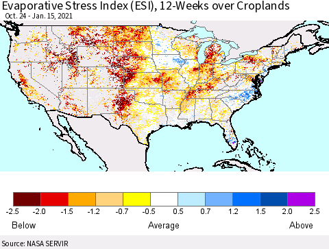 United States Evaporative Stress Index (ESI), 12-Weeks over Croplands Thematic Map For 1/11/2021 - 1/17/2021