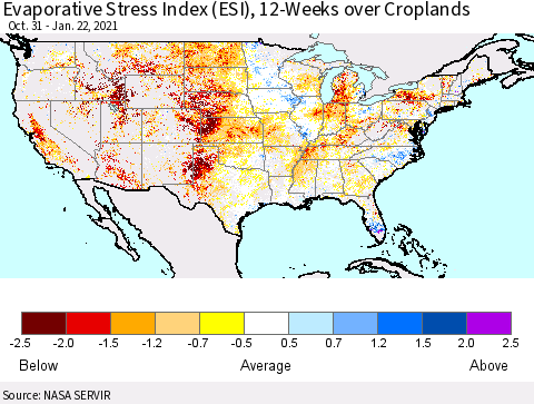 United States Evaporative Stress Index (ESI), 12-Weeks over Croplands Thematic Map For 1/18/2021 - 1/24/2021