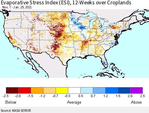 United States Evaporative Stress Index (ESI), 12-Weeks over Croplands Thematic Map For 1/25/2021 - 1/31/2021