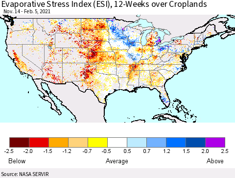 United States Evaporative Stress Index (ESI), 12-Weeks over Croplands Thematic Map For 2/1/2021 - 2/7/2021
