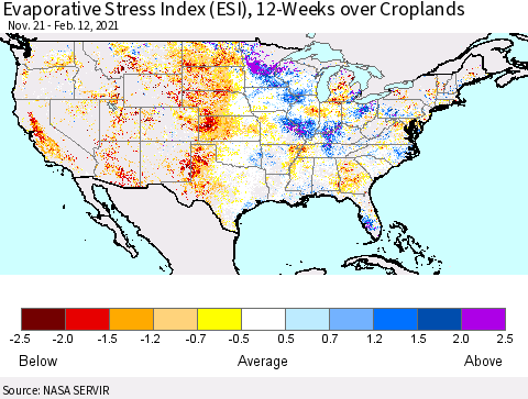 United States Evaporative Stress Index (ESI), 12-Weeks over Croplands Thematic Map For 2/8/2021 - 2/14/2021
