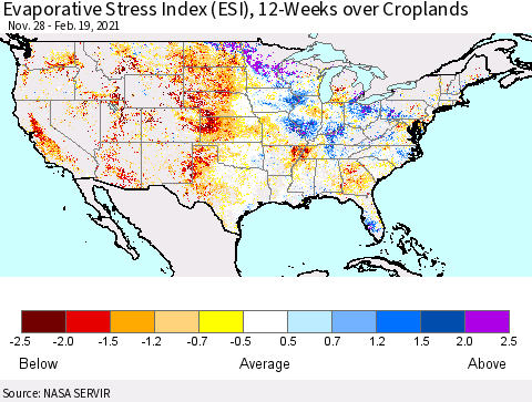 United States Evaporative Stress Index (ESI), 12-Weeks over Croplands Thematic Map For 2/15/2021 - 2/21/2021