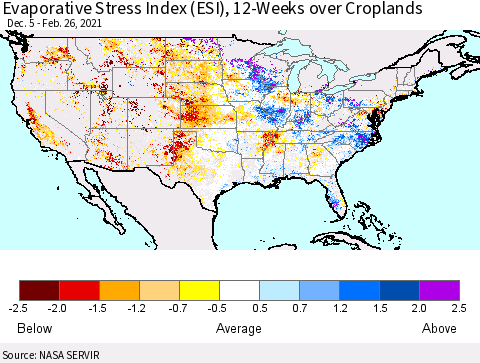 United States Evaporative Stress Index (ESI), 12-Weeks over Croplands Thematic Map For 2/22/2021 - 2/28/2021