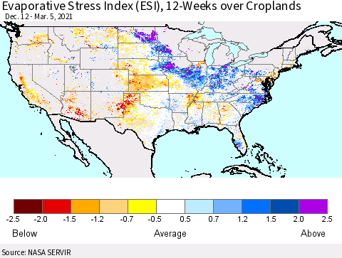 United States Evaporative Stress Index (ESI), 12-Weeks over Croplands Thematic Map For 3/1/2021 - 3/7/2021