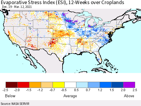 United States Evaporative Stress Index 12-Weeks Crop-masked (ESI) Thematic Map For 3/8/2021 - 3/14/2021