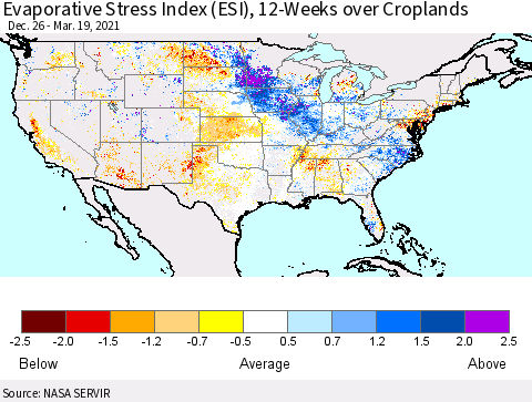 United States Evaporative Stress Index 12-Weeks Crop-masked (ESI) Thematic Map For 3/15/2021 - 3/21/2021