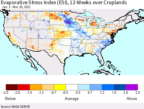 United States Evaporative Stress Index (ESI), 12-Weeks over Croplands Thematic Map For 3/22/2021 - 3/28/2021