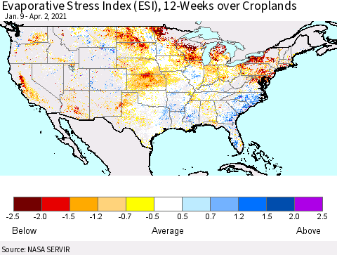 United States Evaporative Stress Index (ESI), 12-Weeks over Croplands Thematic Map For 3/29/2021 - 4/4/2021