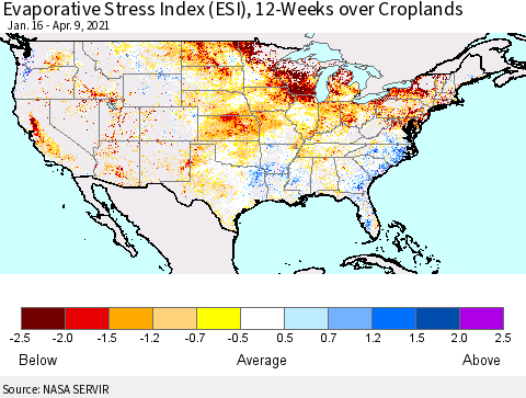 United States Evaporative Stress Index 12-Weeks Crop-masked (ESI) Thematic Map For 4/5/2021 - 4/11/2021