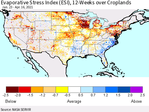 United States Evaporative Stress Index (ESI), 12-Weeks over Croplands Thematic Map For 4/12/2021 - 4/18/2021