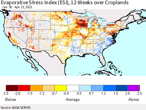 United States Evaporative Stress Index (ESI), 12-Weeks over Croplands Thematic Map For 4/19/2021 - 4/25/2021
