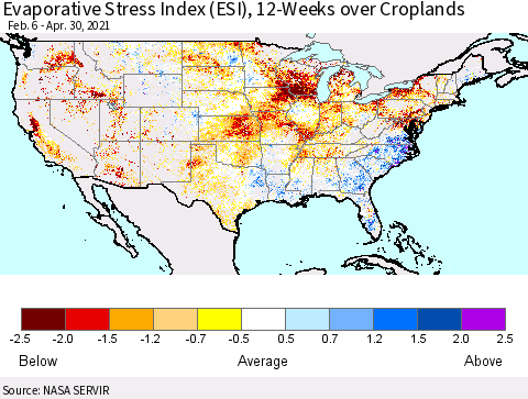 United States Evaporative Stress Index (ESI), 12-Weeks over Croplands Thematic Map For 4/26/2021 - 5/2/2021
