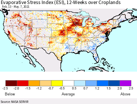 United States Evaporative Stress Index 12-Weeks Crop-masked (ESI) Thematic Map For 5/3/2021 - 5/9/2021
