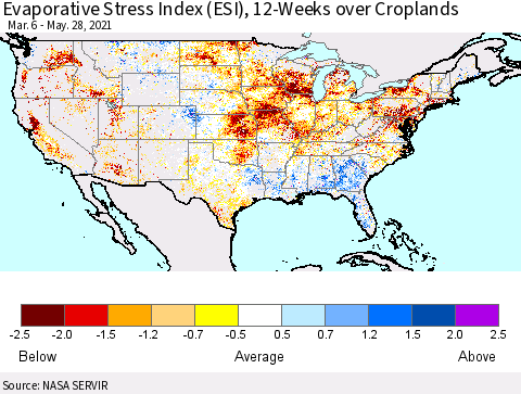 United States Evaporative Stress Index (ESI), 12-Weeks over Croplands Thematic Map For 5/24/2021 - 5/30/2021