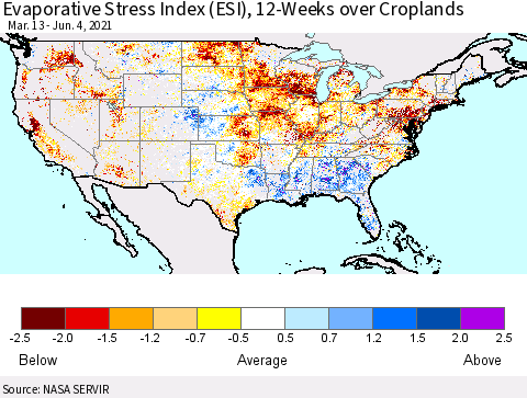 United States Evaporative Stress Index (ESI), 12-Weeks over Croplands Thematic Map For 5/31/2021 - 6/6/2021
