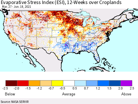 United States Evaporative Stress Index 12-Weeks Crop-masked (ESI) Thematic Map For 6/14/2021 - 6/20/2021