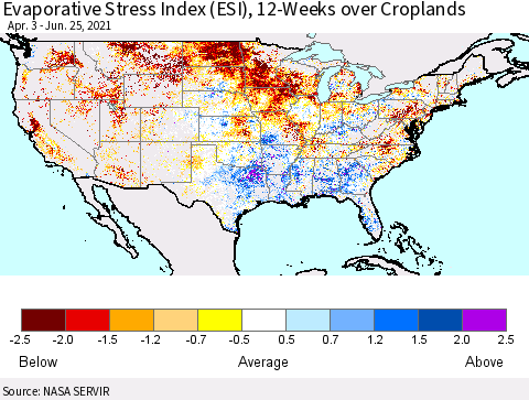 United States Evaporative Stress Index (ESI), 12-Weeks over Croplands Thematic Map For 6/21/2021 - 6/27/2021