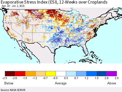 United States Evaporative Stress Index (ESI), 12-Weeks over Croplands Thematic Map For 6/28/2021 - 7/4/2021