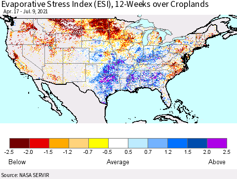 United States Evaporative Stress Index (ESI), 12-Weeks over Croplands Thematic Map For 7/5/2021 - 7/11/2021