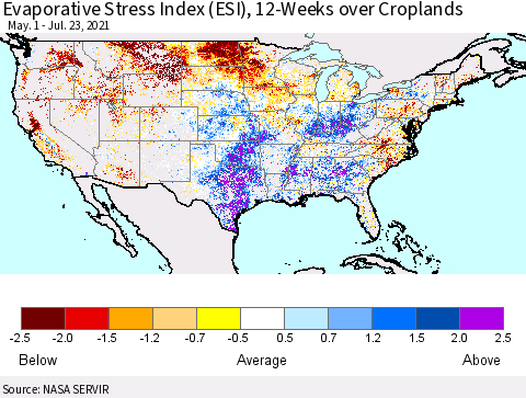 United States Evaporative Stress Index (ESI), 12-Weeks over Croplands Thematic Map For 7/19/2021 - 7/25/2021