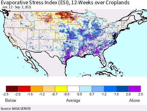 United States Evaporative Stress Index 12-Weeks Crop-masked (ESI) Thematic Map For 8/30/2021 - 9/5/2021