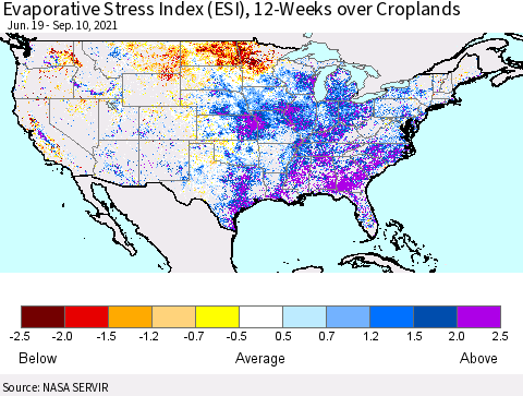 United States Evaporative Stress Index (ESI), 12-Weeks over Croplands Thematic Map For 9/6/2021 - 9/12/2021