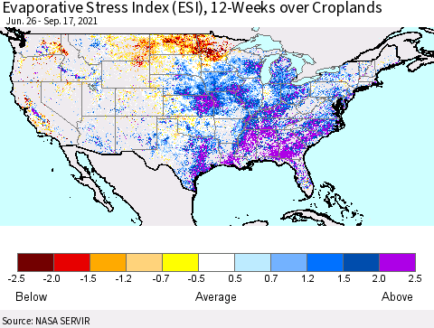 United States Evaporative Stress Index (ESI), 12-Weeks over Croplands Thematic Map For 9/13/2021 - 9/19/2021