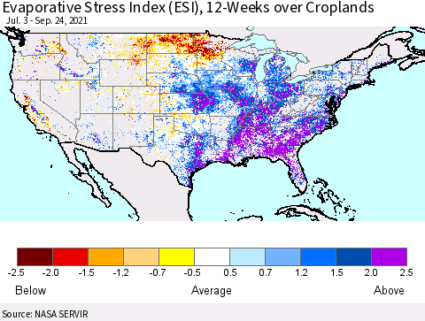 United States Evaporative Stress Index (ESI), 12-Weeks over Croplands Thematic Map For 9/20/2021 - 9/26/2021