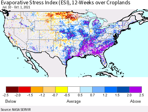 United States Evaporative Stress Index (ESI), 12-Weeks over Croplands Thematic Map For 9/27/2021 - 10/3/2021