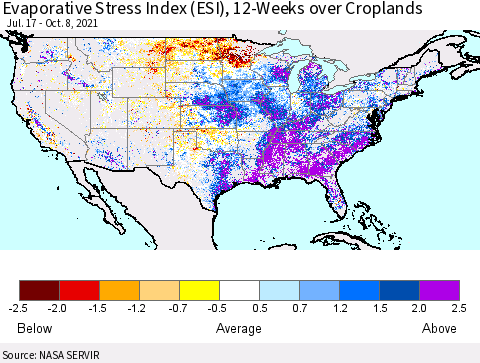 United States Evaporative Stress Index (ESI), 12-Weeks over Croplands Thematic Map For 10/4/2021 - 10/10/2021
