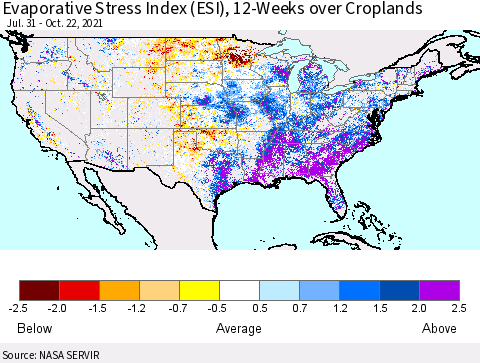 United States Evaporative Stress Index 12-Weeks Crop-masked (ESI) Thematic Map For 10/18/2021 - 10/24/2021