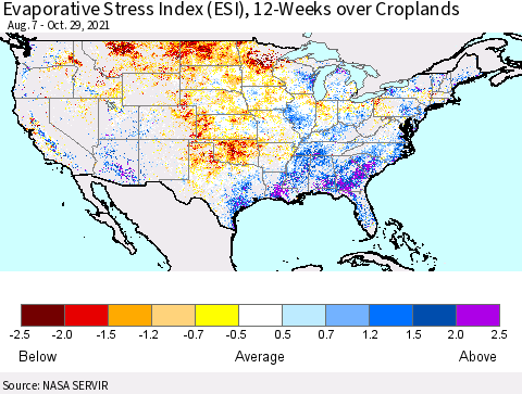 United States Evaporative Stress Index 12-Weeks Crop-masked (ESI) Thematic Map For 10/25/2021 - 10/31/2021
