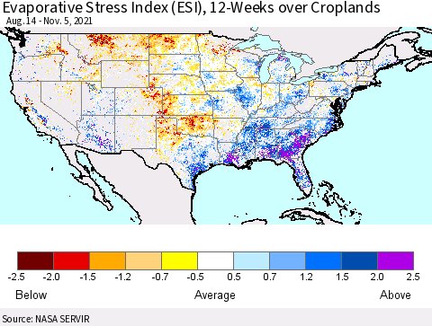 United States Evaporative Stress Index (ESI), 12-Weeks over Croplands Thematic Map For 11/1/2021 - 11/7/2021