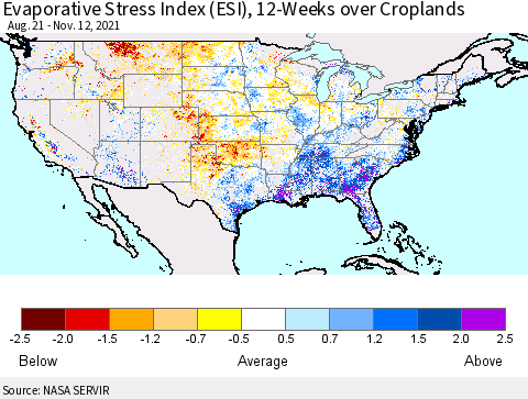 United States Evaporative Stress Index (ESI), 12-Weeks over Croplands Thematic Map For 11/8/2021 - 11/14/2021