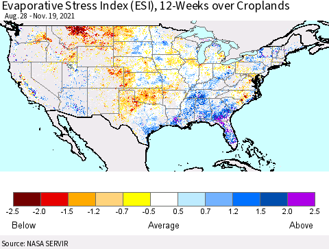 United States Evaporative Stress Index (ESI), 12-Weeks over Croplands Thematic Map For 11/15/2021 - 11/21/2021