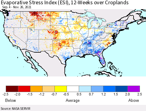 United States Evaporative Stress Index 12-Weeks Crop-masked (ESI) Thematic Map For 11/22/2021 - 11/28/2021