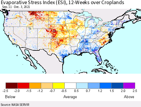 United States Evaporative Stress Index (ESI), 12-Weeks over Croplands Thematic Map For 11/29/2021 - 12/5/2021